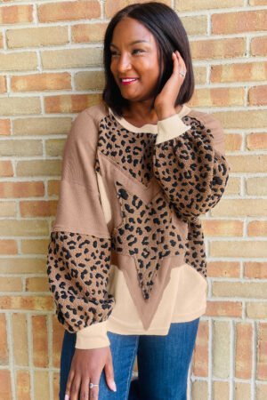 Light French Beige Leopard Star Color Block Patchwork Textured Baggy Sweatshirt - Image 4