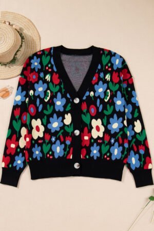 Black Floral Print V Neck Buttoned Short Cardigan Sweater - Image 4