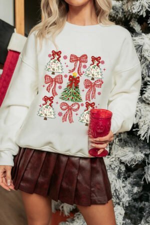 White Christmas Tree Ribbon Bow Printed Drop Shoulder Sweatshirt - Image 3
