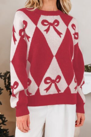 Red Bow Print 2-tone Rhombus Knit Loose Sweater - Image 9