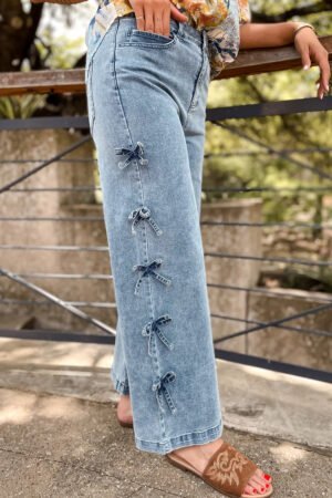 Beau Blue Bow Knot Side Detail Straight Leg Loose Jeans - Image 2