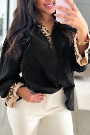 Black Contrast Leopard Print Patchwork Polo Collar Buttons Front Ruffled Long Sleeve Blouse - Image 2