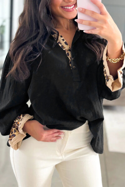 Black Contrast Leopard Print Patchwork Polo Collar Buttons Front Ruffled Long Sleeve Blouse