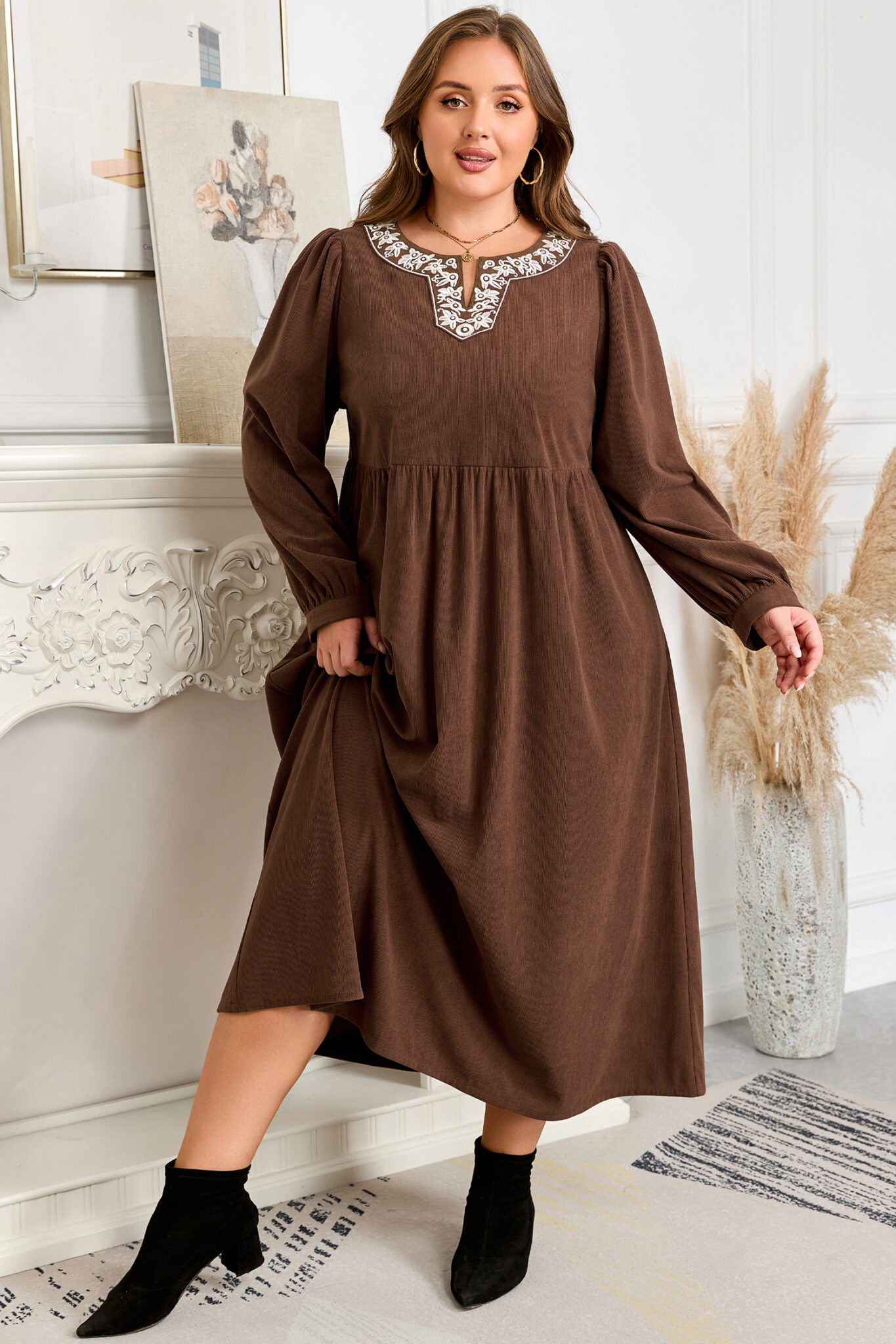Coffee Embroidered Notched Neckline Textured Pleated High Waist Plus Size Midi Dress Coffee Embroidered Notched Neckline Textured Pleated High Waist Plus Size Midi Dress