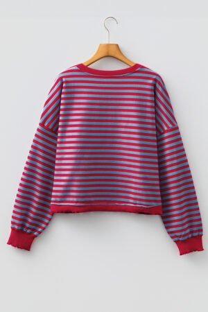 Red Stripe Exposed Seam Contrast Ribbed Trim Oversize Sweatshirt - Image 2