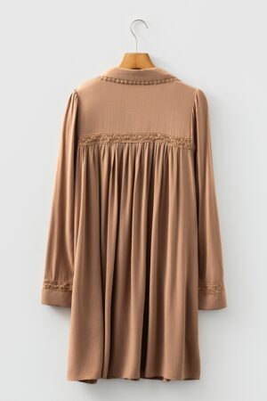 Straw Yellow Lace Trim Peter Pan Collar Long Sleeve Mini Shirt Dress - Image 7