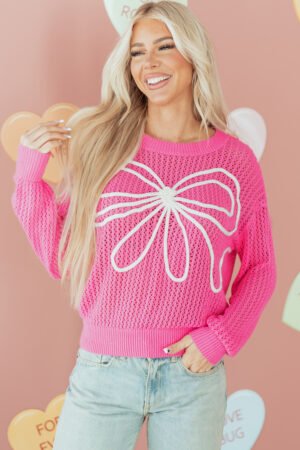 Sachet Pink Sweet Bow Decor Hollow Out Knitted Drop Shoulder Sweater - Image 10