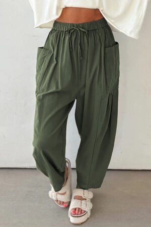Jungle Green Drawstring Elastic Waist Patch Pocket Barrel Leg Casual Pants - Image 4