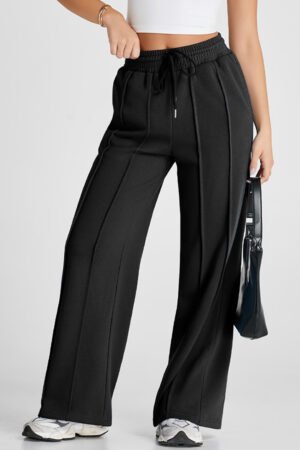 Black Seamed Drawstring High Waist Wide Leg Sweatpants - Image 4