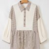 Khaki Stripe Plus Size Color Block Patchwork Half Button Long Sleeve Peplum Blouse