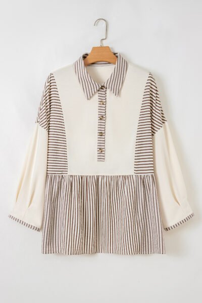 Khaki Stripe Plus Size Color Block Patchwork Half Button Long Sleeve Peplum Blouse