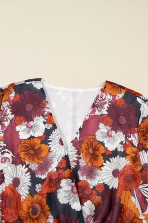 Red Floral Print Wrap V Neck Puff Sleeve Flowy Mini Dress - Image 6