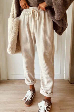 Jet Stream Drawstring Elastic Waist Casual Corduroy Pants - Image 3