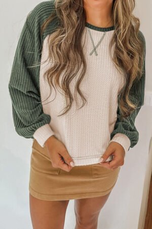 Mist Green Waffle Color Block Raglan Sleeve Top - Image 2