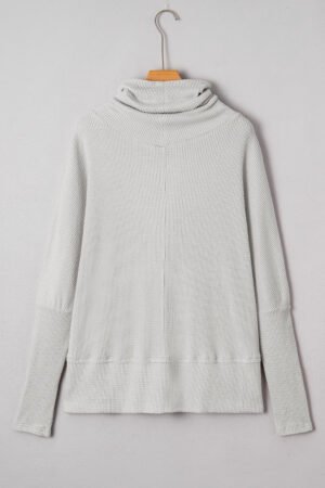 Light Grey Textured Knit Drawstring Cowl Neck Oversize Top with Side Slits - Image 5