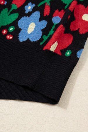 Black Floral Print V Neck Buttoned Short Cardigan Sweater - Image 7