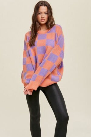 Grapefruit Orange Checkered Pattern Ribbed Trim Knit Baggy Sweater - Image 5