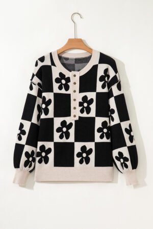 Black Flower Plaid Henley Baggy Sweater - Image 4