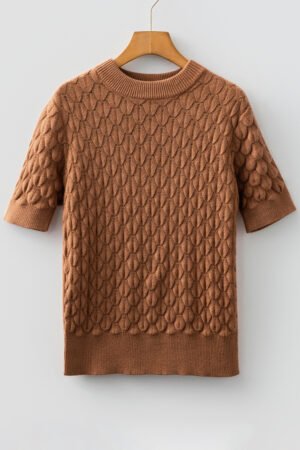 Straw Yellow Fish Scale Textured Knit Ribbed High Neck Short Sleeve Sweater - Image 9