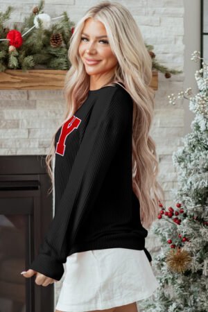 Black Twisted Rib Outlined Merry Letter Graphic Loose Long Sleeve Top - Image 12
