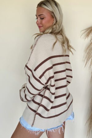 Brown Stripe Ribbed Henley Drop Shoulder Slouchy Sweater - Image 2