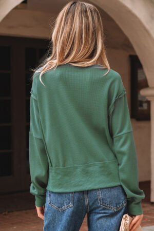 Evergreen Solid Color Raw Seam Patchwork Ribbed Drop Shoulder Sweatshirt - Image 4