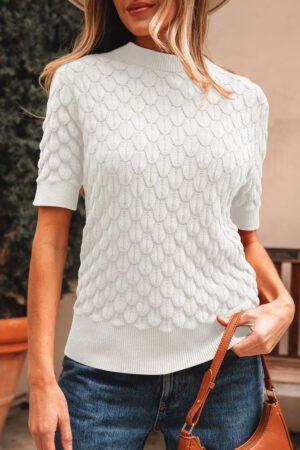 White Fish Scale Textured Knit Ribbed High Neck Short Sleeve Sweater - Image 5