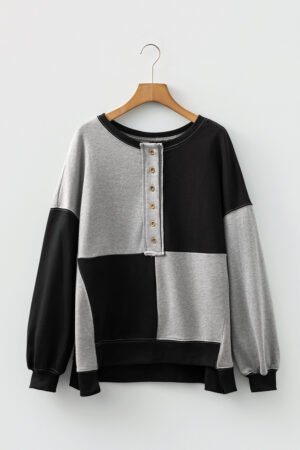 Color black Colorblock Henley High Low Oversize Sweatshirt - Image 6