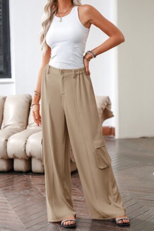 Camel Solid Color Elastic High Waist Loose Cargo Pants - Image 2