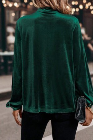 Evergreen Asymmetric Button Keyhole Neck Long Sleeve Velvet Blouse - Image 2