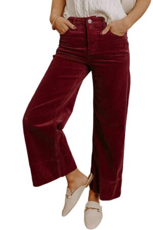 Burgundy Corduroy Solid Color High Waist Wide Leg Pants - Image 6