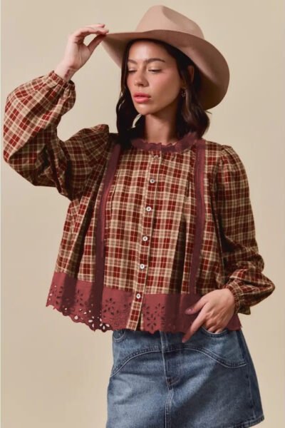 Red Dahlia Plaid Eyelet Lace Trim Button Down Loose Long Sleeve Shirt