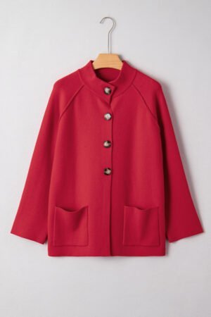 Fiery Red Collared Button Front Wrapped Cardigan Jacket - Image 3