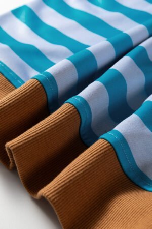 Sky Blue Stripe Contrast Color Ribbed Trim Round Neck Drop Shoulder Sweatshirt - Image 10