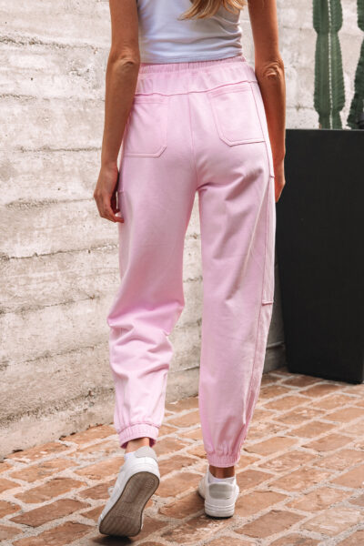 Light Pink Drawstring Elastic Waistband Solid Color Jogger Pants