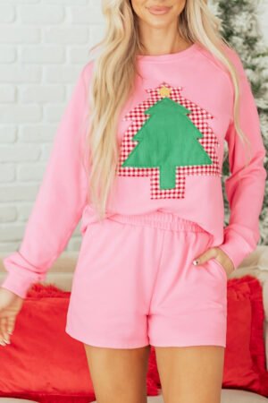 Sachet Pink Plaid Contrasted Double Christmas Tree Patched Raglan Sleeve Pullover 2pcs Short Set - Image 7