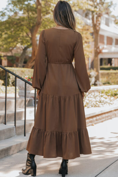Chestnut Solid Long Sleeve Button V Neck Tiered Maxi Dress