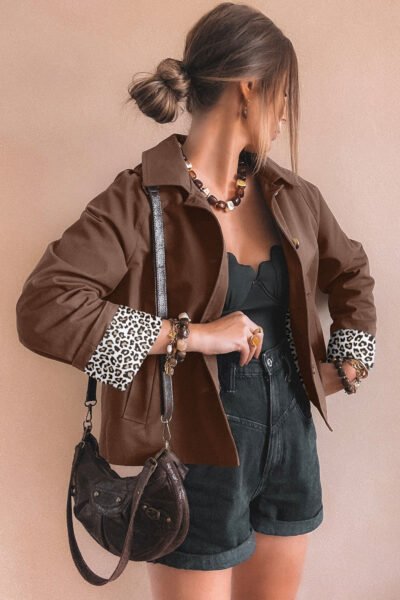 Dark Brown Collared Buttoned Leopard Liner Patchwork Chic Jacket