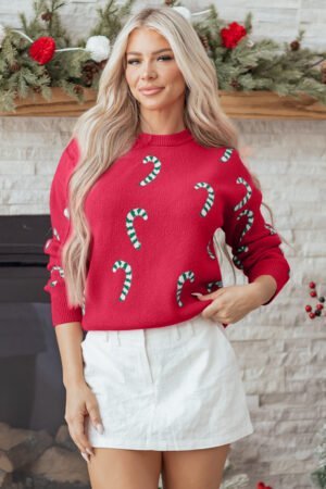Racing Red Christmas Candy Cane Holiday Drop Shoulder Sweater - Image 4