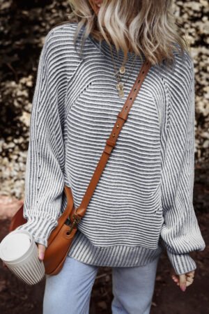 Ashleigh Blue Striped Print Ribbed Knit Boat Neck Baggy Sweater - Image 4