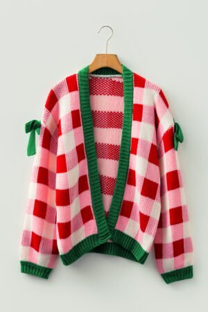 Pink Plaid Knit Bow Knot Decor Open Front Sweater Cardigan - Image 3