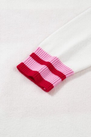 White Striped Trim Bow Graphic Round Neck Drop Shoulder Sweater - Image 8