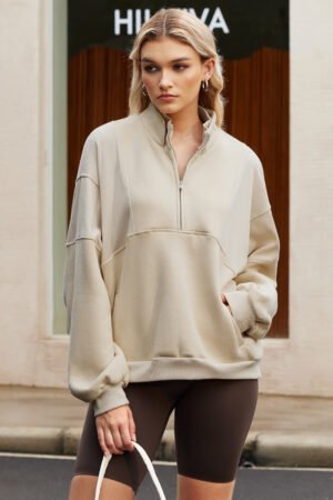 Apricot Half Zip Stand Collar Exposed Seam Solid Color Casual Sweatshirt - Image 5