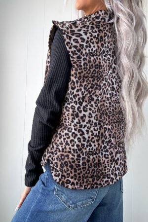 Brown Leopard Quilted Full Zipper Casual Puff Vest - Image 2