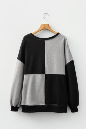 Color black Colorblock Henley High Low Oversize Sweatshirt - Image 7