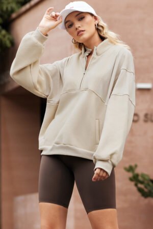 Apricot Half Zip Stand Collar Exposed Seam Solid Color Casual Sweatshirt - Image 3