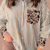 Brown Stripe Leopard Patched Collared Chest Pocket Cuffed Long Sleeve Plus Size Shirt