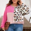 Rose Red Plus Size Twisted Ribbed Color Block Leopard Patchwork Long Sleeve Top