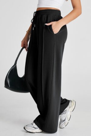 Black Seamed Drawstring High Waist Wide Leg Sweatpants - Image 3