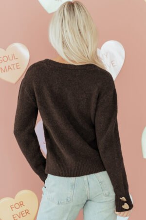 Chicory Coffee Heart Metal Button V Neck Cardigan Sweater - Image 5